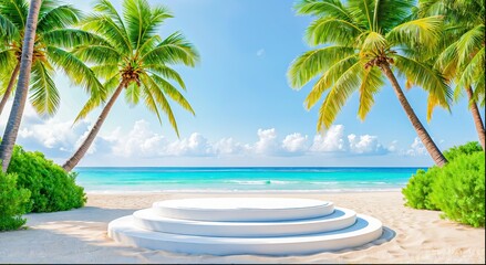 a tropical beach with palm trees, ocean view, white podium, blue sky, clouds, realistic lighting, product display.