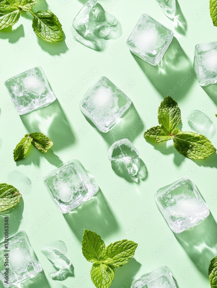 Poster refreshing mint leaves and ice cubes create a cool background in light green tones perfect for summe