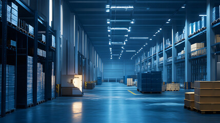 Robotic automation in advanced logistics hub industrial warehouse infrastructure high-tech environment aerial perspective