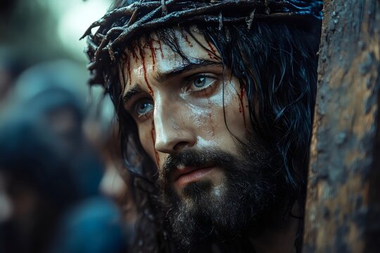 Retrato closet up de Jes&uacute;s afligido con la corona de espinas en la cabeza y cargando la cruz el viernes santo. Religiones y culturas, Semana Santa