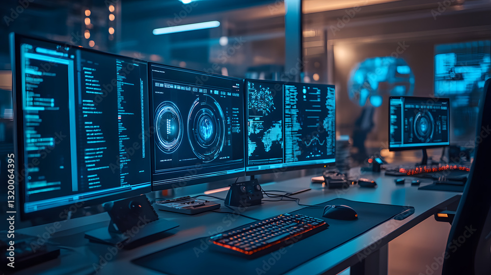 Poster robots enhancing cybersecurity operations in an ai-powered lab modern tech environment futuristic vi