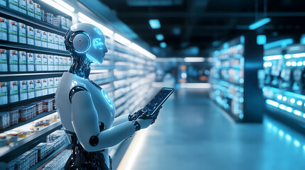 Robotic automation revolutionizing autonomous retail store experience high-tech environment engaging perspective