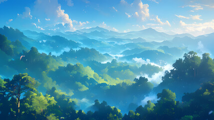 Fototapeta premium Serene panoramic view of lush green mountains under a bright blue sky with soft clouds and mist