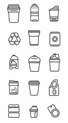 Collection of Line Art Illustrations Depicting Various Containers for Recycling and Waste Management, Including Buckets, Jugs, and Cups.