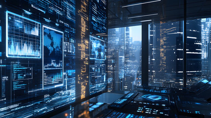 Robotics transformation in futuristic investment banking facility urban skyline high-tech environment modern viewpoint