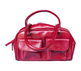 Red leather women bag isolated on transparent background, PNG File