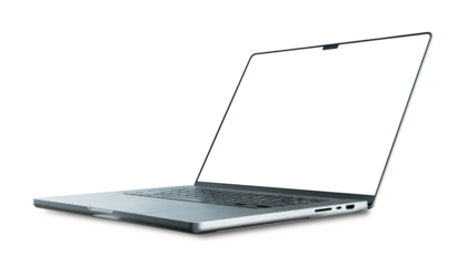 Laptop computer with blank transparent screen and background- PNG format.