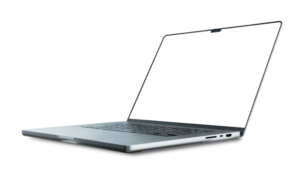 Laptop computer with blank transparent screen and background- PNG format.