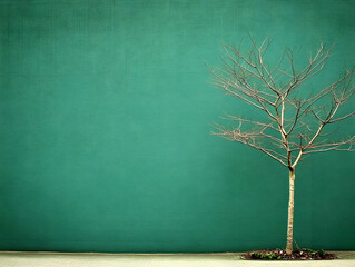 A Bare Tree Stands Silhouetted Against a Teal Wall, Minimalist Nature Photography Background