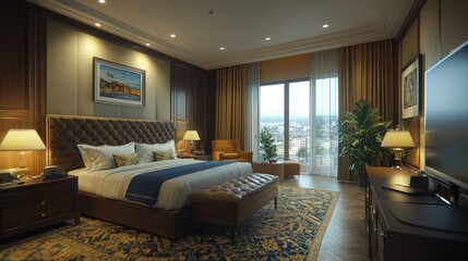 Fototapeta premium Elegant hotel bedroom with a city view and a king-sized bed