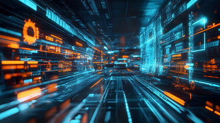 Futuristic robotics showcase high-speed global transactions visualization digital realm tech environment dynamic perspective