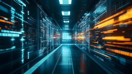 Futuristic robotics high-speed global transaction visualization in a digital corridor