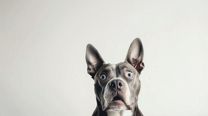 Surprised Grey Pit Bull Terrier Dog with Blue Eyes on White Background
