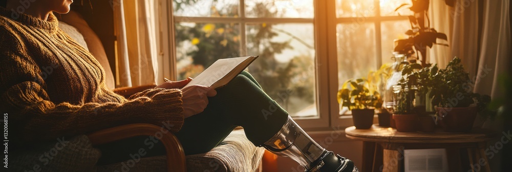 Poster Cozy home moment with a person using a prosthetic leg while reading in soft warm light