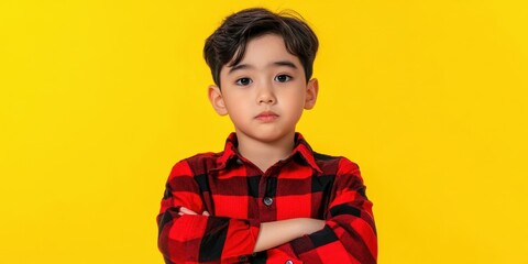 A boy with a red plaid shirt and black pants