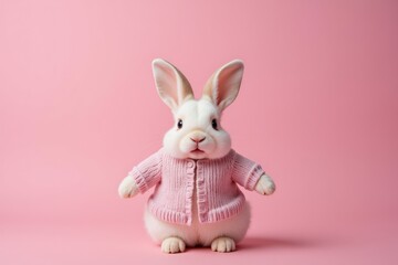 Fototapeta premium Adorable White Bunny with Large Ears Dressed in a Cozy Pink Sweater Posing Against a Soft Pink Background, Perfect for Easter Celebrations and Springtime Themes