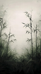 Misty Bamboo Forest: An Impressionistic Digital Painting of Serene Bamboo Stalks Rising from Foggy Undergrowth, Creating a Tranquil and Atmospheric Scene.