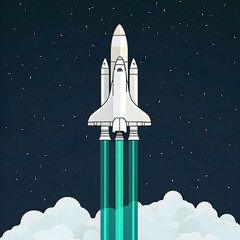 Obraz premium Stylized Space Shuttle Ascending Through Clouds, Neon Trails Against Starry Night, Abstract Space Illustration