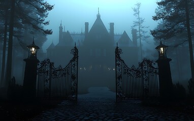 Mysterious Mansion in Fog