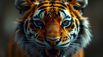 Fototapeta premium Intense Tiger Face Close-up Portrait with Striking Orange and Black Stripes