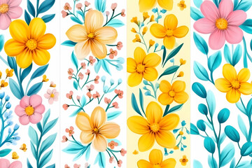 Vibrant Floral Illustration: Yellow and Pink Flowers with Teal Leaves, Abstract Watercolor Style Background Design