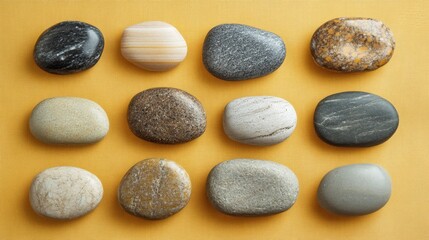 Twelve Smooth Stones Arranged Neatly On A Yellow Background