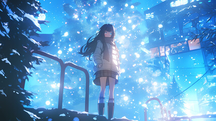 A girl in a winter scene stands by a snowy path, illuminated by a glowing Christmas tree in the background