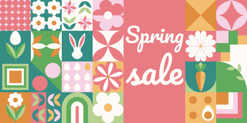 Wielkanocny sprzedażowy baner z mozaiką z świątecznymi symbolami. Wiosenny geometryczny wzór z królikiem, jajkami i kwiatami. © Monika