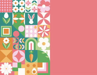 Wielkanocny baner z mozaiką z świątecznymi symbolami. Wiosenny geometryczny wzór z królikiem, jajkami i kwiatami. © Monika