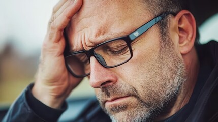 A man with glasses is looking at the camera. He is holding his head. He is wearing a black shirt