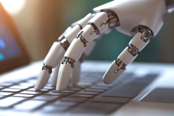 3D rendering of a robotic hand typing on a laptop keyboard.