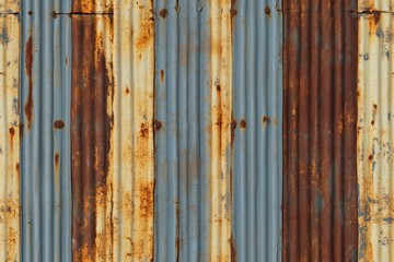 Seamless rusty, corrugated metal sheet with vertical stripes of rust and weathered paint.