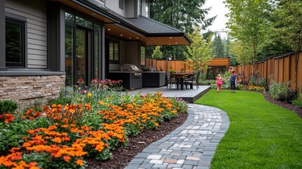 Obraz premium Children enjoy running through the homes lush and landscaped yard