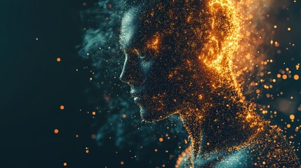 Ethereal Portrait of a Man with Fiery Particles Representing Energy, Creativity, and Transformation in Dark Background