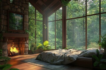Cozy bedroom with stone fireplace, large windows overlooking lush forest, sunlight streaming in.
