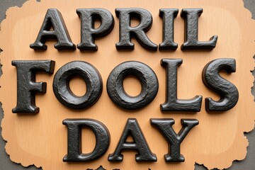 A Close-Up View of Artistic Lettering Celebrating April Fools' Day on a Rustic Wooden Background, Perfect for Festive Seasonal Decor or Event Themes