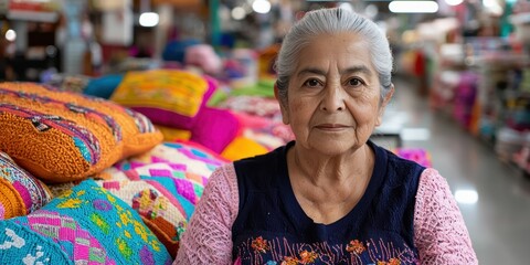 Fototapeta premium A woman is sitting in a store with many pillows. She is wearing a pink shirt. There are many pillows in the store, some of which are colorful