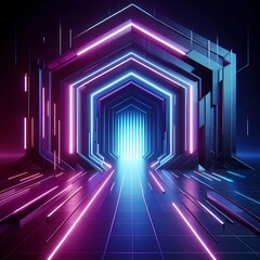 Abstract futuristic neon fractal virtualization artificial intelligence minimalist modern high tech sci-fi 3D cyberpunk low poly tunnel with geometric wall with blue and purple 