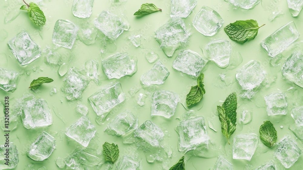 Poster Refreshing top view pattern of ice cubes and mint leaves on a light green background showcasing cool summer vibes