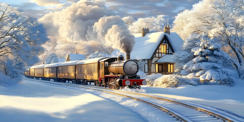 Obraz premium Steam Train Journeys Through Snowy Winter Landscape Past Cozy Cottage Illustration