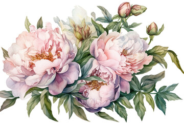 Ornament with  peonies on a white background, watercolor style, Generative AI