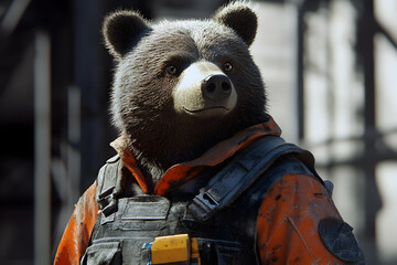 Close Up of Furry Brown Bear Character Wearing Orange Workwear and Black Vest in an Outdoor Setting with Blurred Background with Bright Lighting
