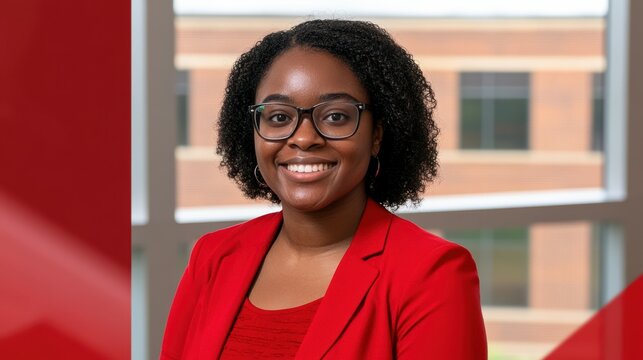 A woman wearing a red jacket and glasses. She is smiling. The background is red