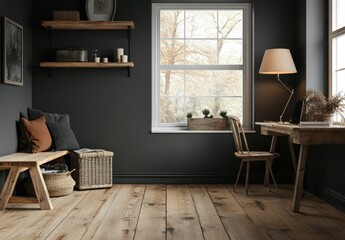 Cozy home office with wooden furniture, window, and dark walls.