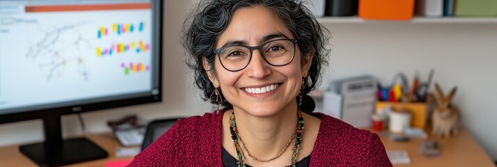 A woman wearing glasses and a red sweater is smiling at the camera
