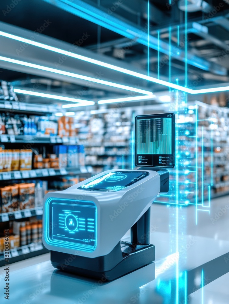 Aufkleber smart checkout technology automates cashier tasks in a modern supermarket for efficient customer ser