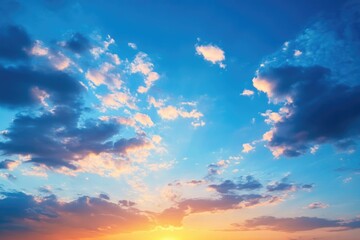 Fototapeta premium A backdrop of weather featuring a sky adorned with clouds. A vibrant blue summer sky illuminated by the setting sun.