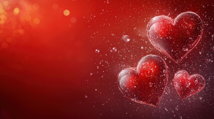 Obraz premium Vibrant Red Background With Floating Hearts and Glass Effects in Romantic Setting