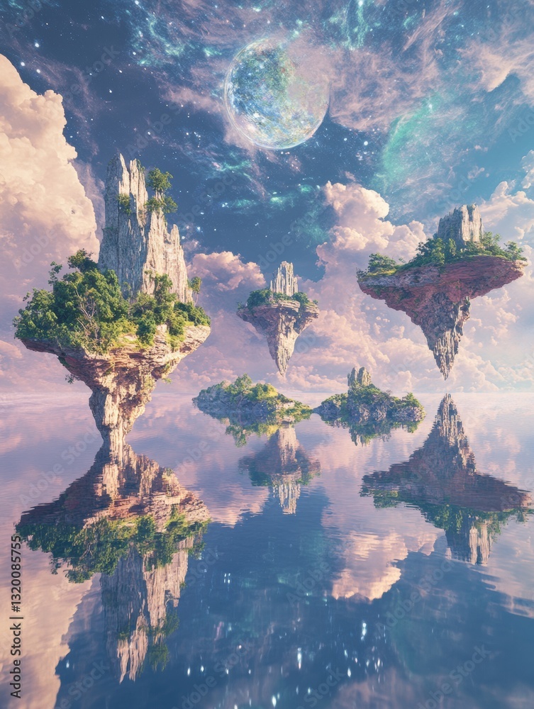 Poster Floating islands connected by portals exploring gateways to virtual worlds in a serene cosmic setting with lush greenery and a reflective lake