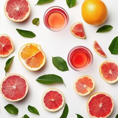 Naklejka premium Top view of grapefruit and orange slices with green leaves on a white background